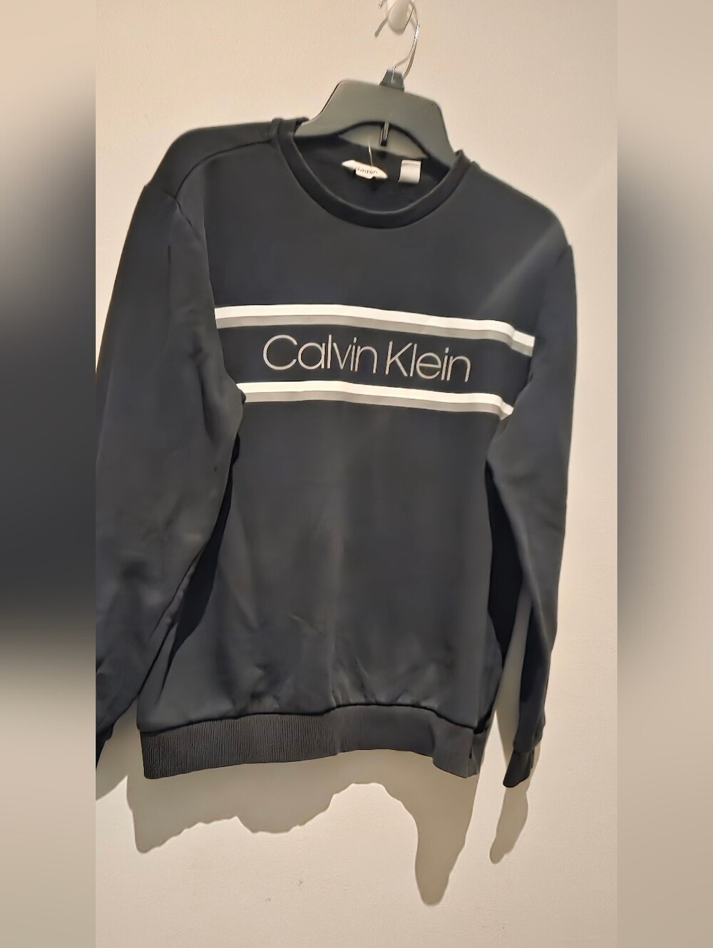 Calvin Klein Mens Black Crewneck Sweatshirt with White Stripes and Logo EUC M